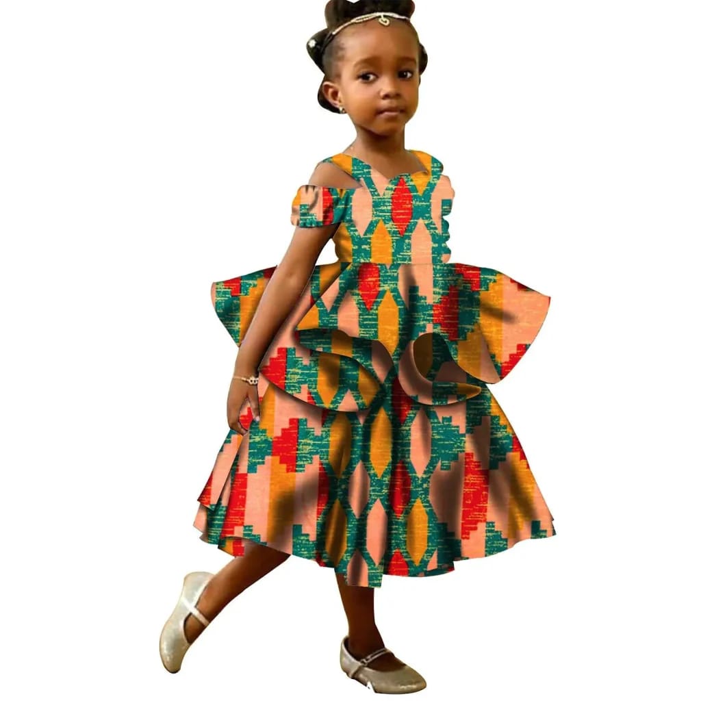 Girl in Ankara cold-shoulder peplum dress with geometric print