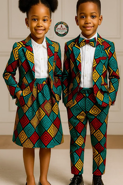 Boy and girl in matching teal and yellow Ankara blazers