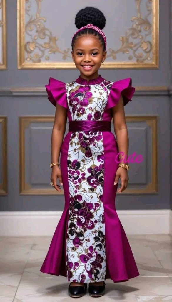 Girl in magenta mermaid Ankara gala gown with ruffled shoulders