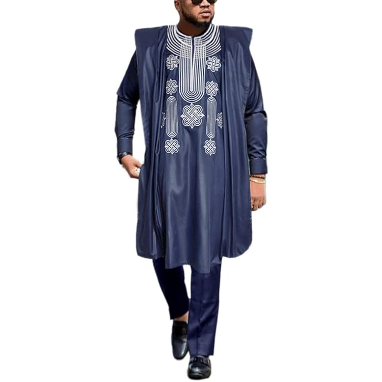 Man in navy blue embroidered Agbada with white motif and slim trousers